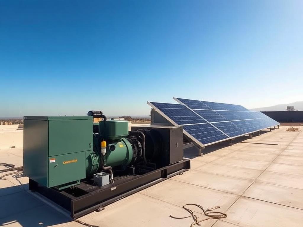 Generators and solar panels on a commercial rooftop